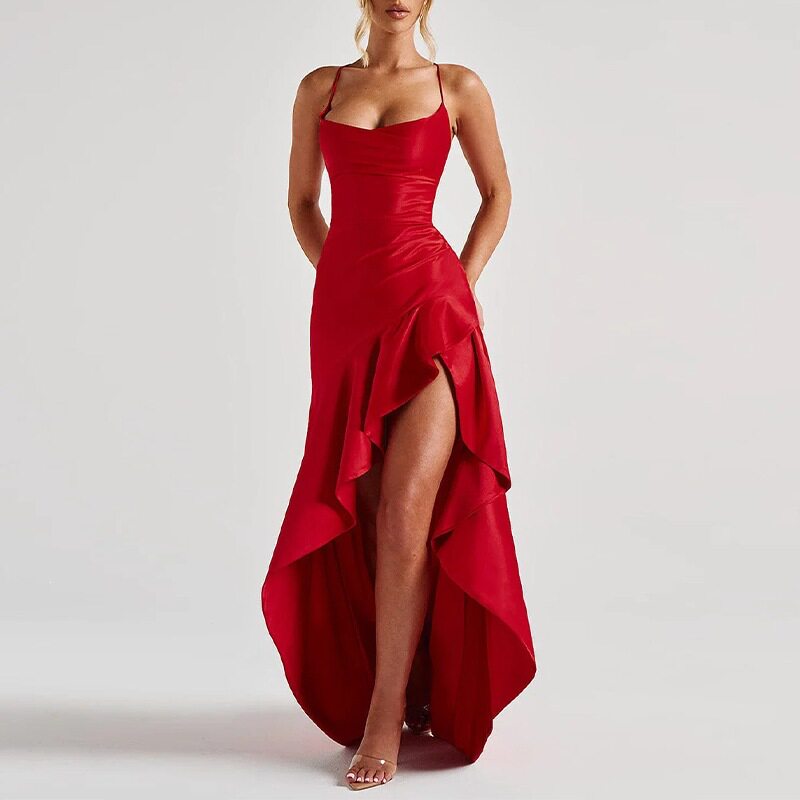 Womens Spring Dress Elegant Solid Color with Ruffle Hem Irregular Design for Casual or Formal Occasions Wholesale