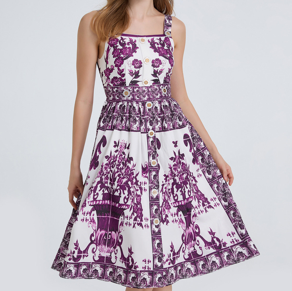 French Vintage Floral Maxi Dress for Women Sleeveless Waist Defined Button Down Elegant Summer Style Wholesale