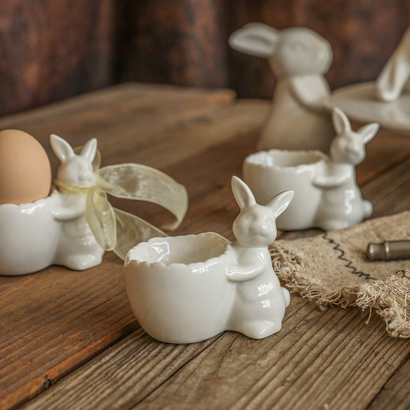 European Breakfast Egg Cup Rabbit Egg Holder Ceramic Creative Living Room Ornaments Egg-Shaped Candle Holder Pure White Egg Cup