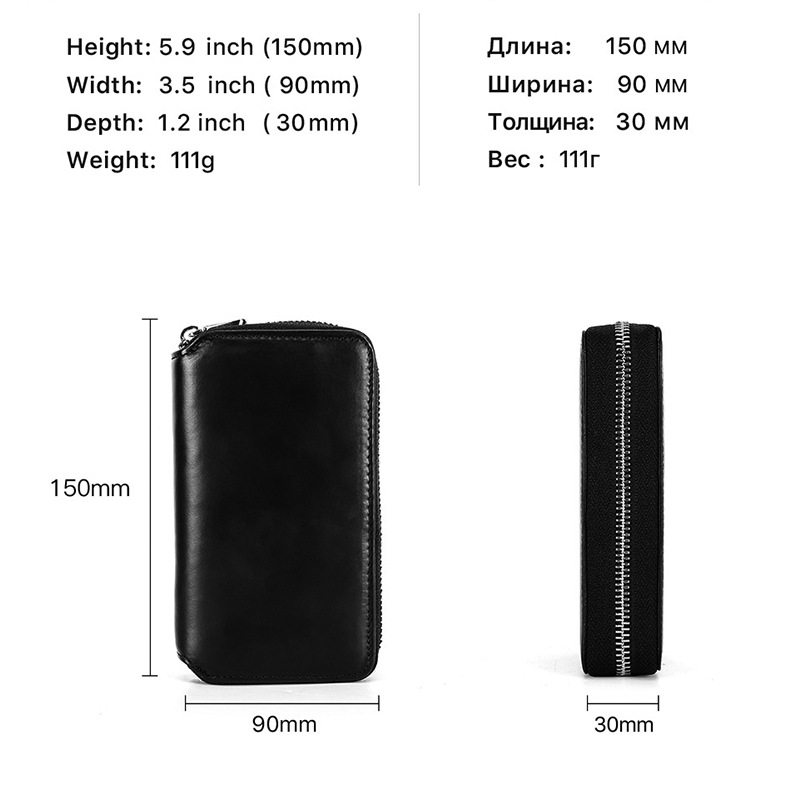 Black Waxed Cowhide Watch Case Two-Position Outdoor Travel Zipper Portable Genuine Leather Couple Watch Storage Bag