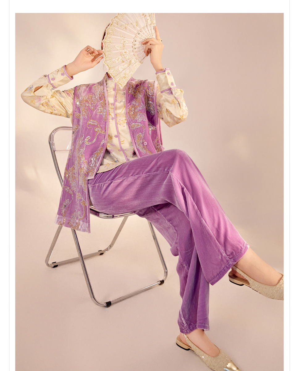 Set áo vest gile và sơ mi nữ cổ đứng thêu hoa kèm quần dài — quần dài, áo ghi lê, áo sơ mi