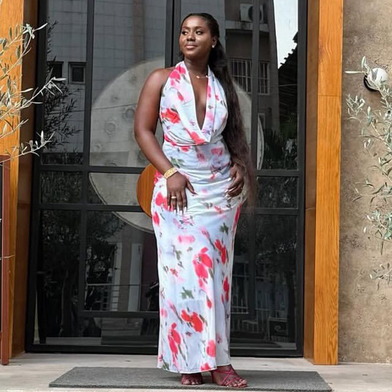 Casual Floral Print Maxi Dress Waist Defining Backless Elegant Style Perfect for Parties and Summer Events