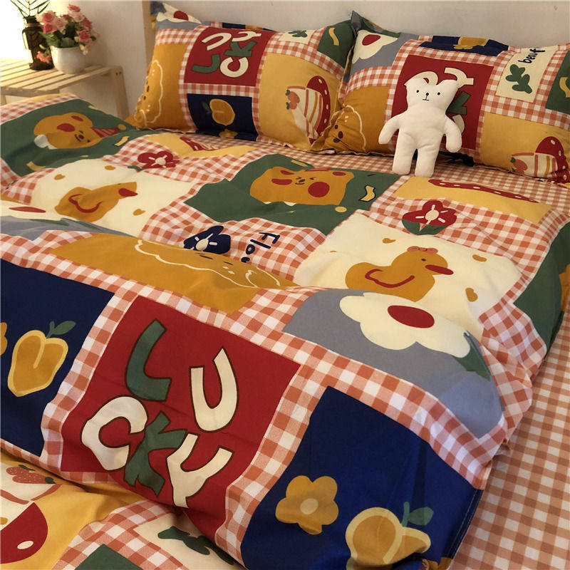 Cartoon Color Matching Four-Piece Quilt Cover Bedding Ins Girly Heart Quilt Cover Kidsren's Dormitory Bed Single Three-Piece Set