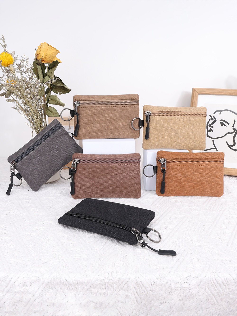 Canvas Small Wallet Coin Purse Portable Small Bag Lanyard Buckle Women's Wallet Coin Key Card Bag Cosmetics Bag