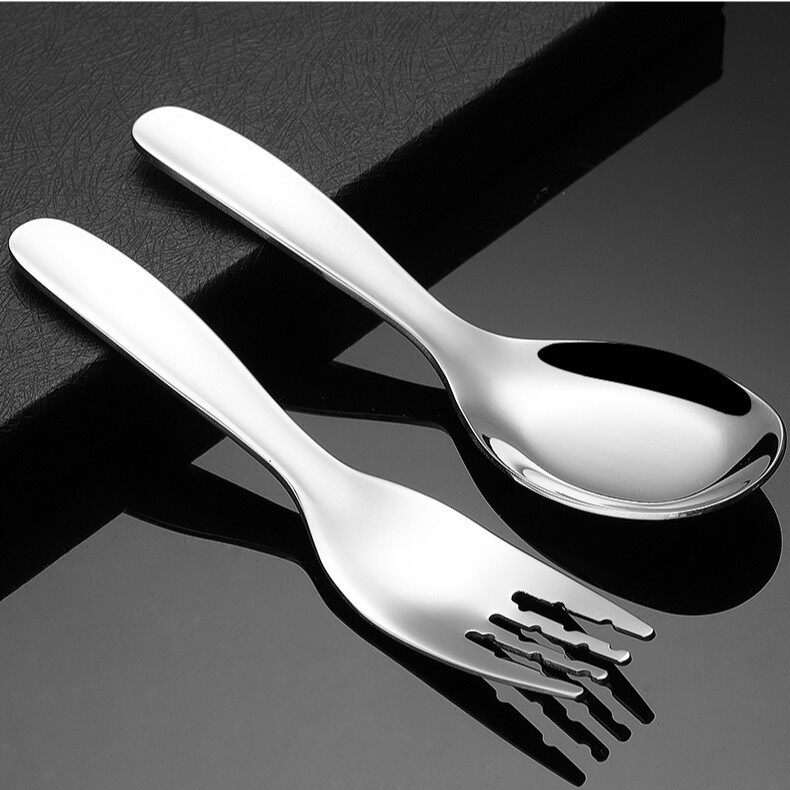 Cross-Border 304 Stainless Steel Kidsren's Spoon and Fork Baby Short Handle Food Supplement Tableware Eating Spoon Wide Handle Flats Spoon