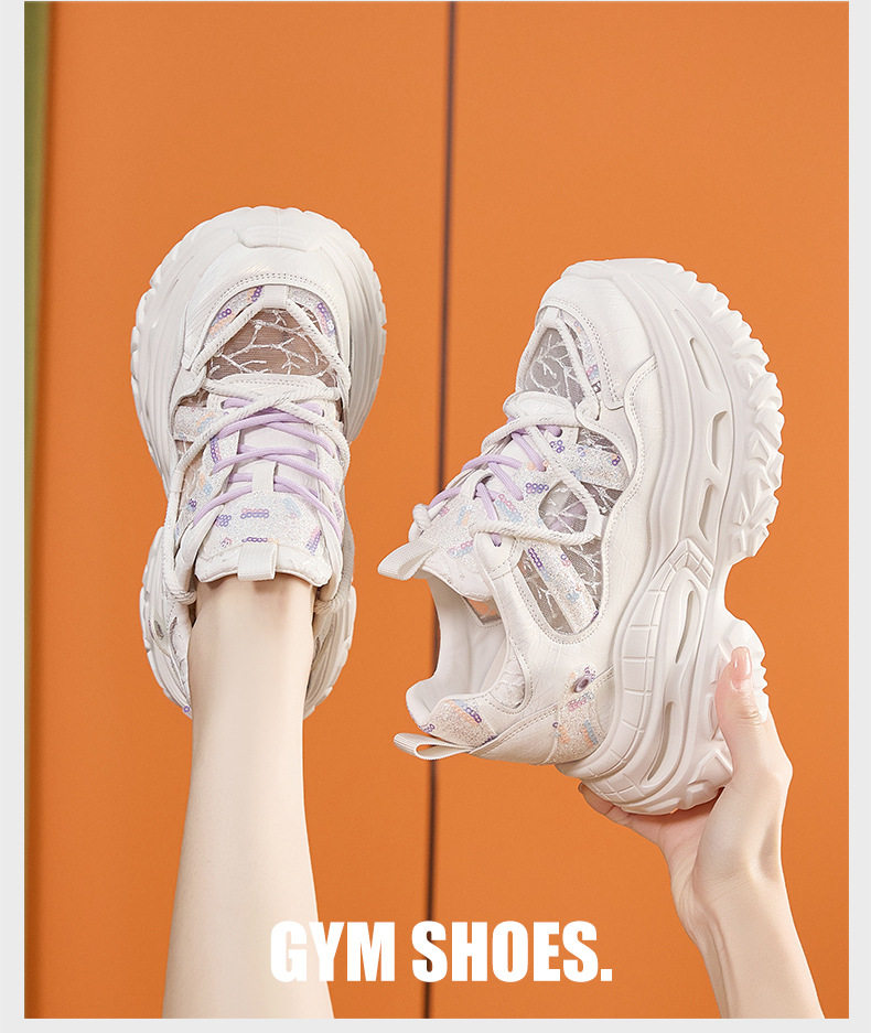 Giày sneaker nữ chunky đế dày phong cách thể thao, mũi tròn, dây buộc, đế cao siêu cao 8cm — Trắng Tím, Xám Xanh chi tiết 11