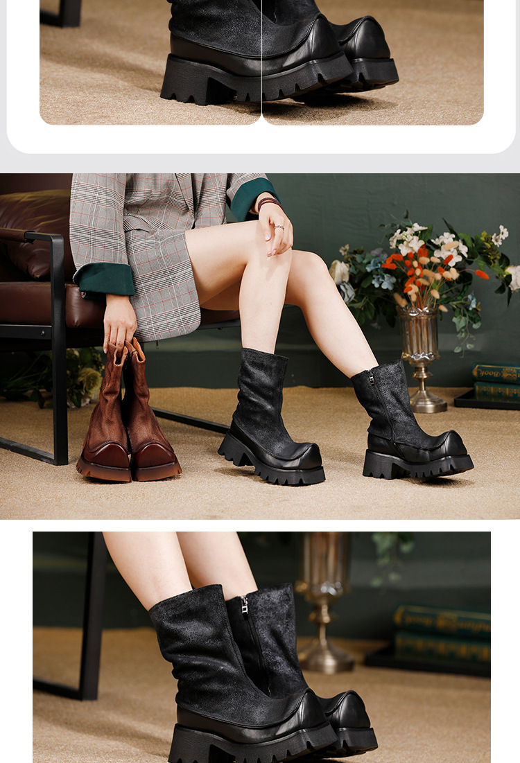 Boot nữ cổ trung da bò thật phối khóa kéo bên hông, thiết kế cá tính phong cách hiện đại — đen, màu cà phê