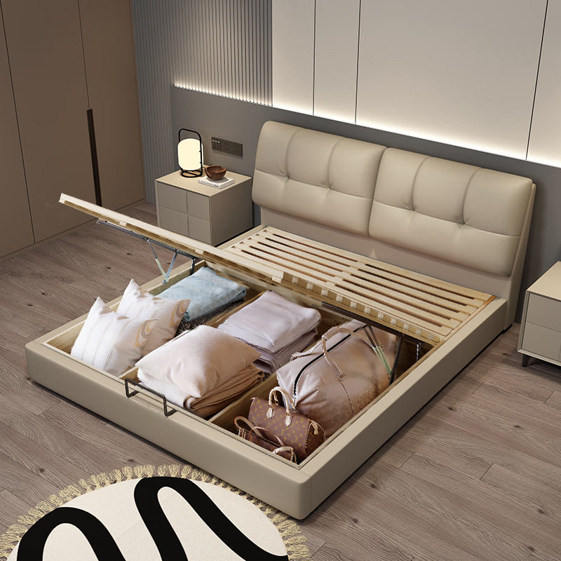 现代简约储物皮床双人婚床软靠包1.8m多功能主卧大床纳帕皮网红床