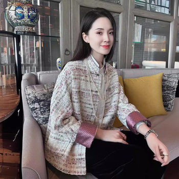 [Four Seasons Green] Wool Tweed Tops Women's 2025 New Chinese Style Double-Breasted Stand Collar Single-Breasted Song Brocade Top