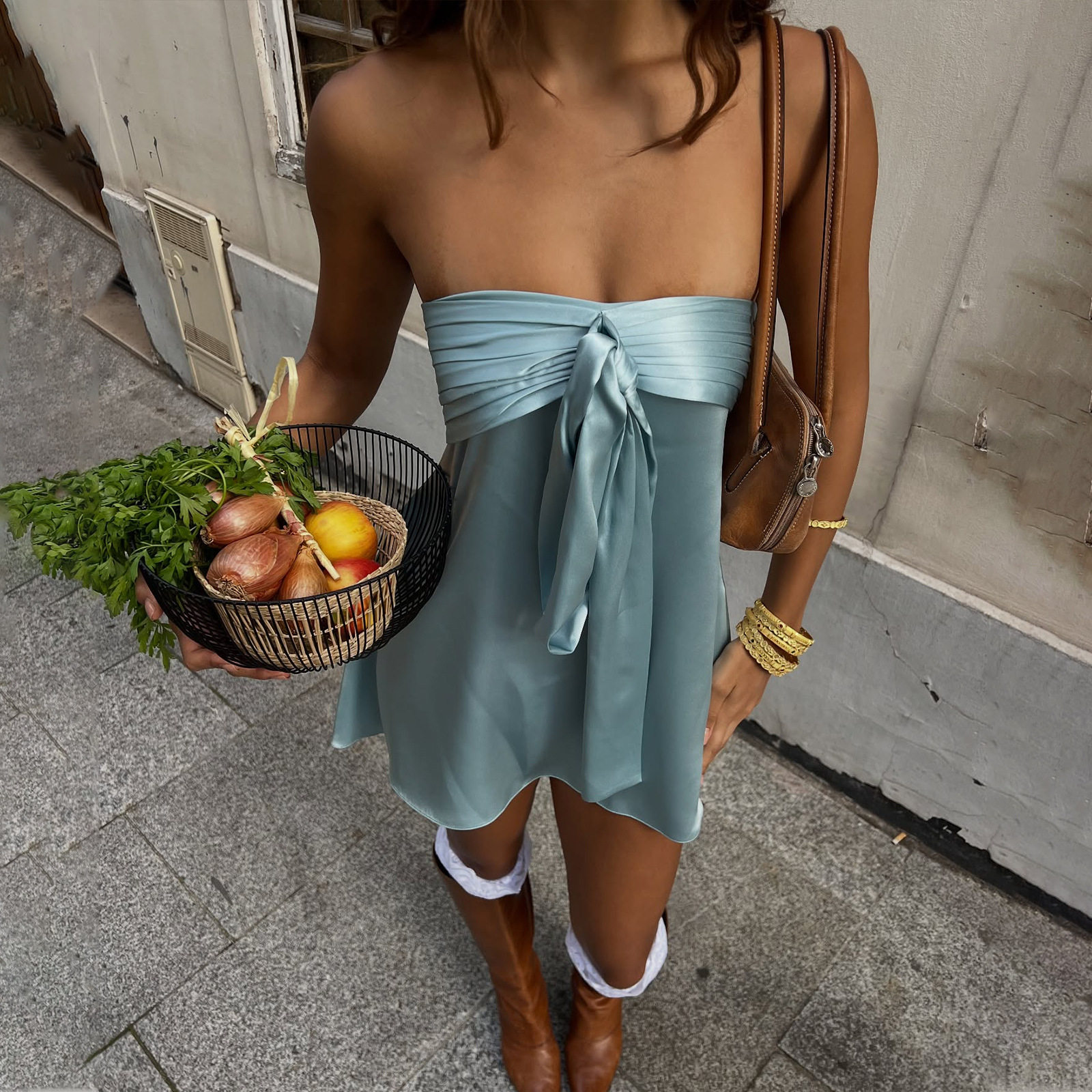 Satin Strapless Bodycon Dress Solid Color Sleeveless Trendy Street Style Spring Summer Fashion Wholesale Available