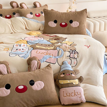 [Includes Matching Pillowcase] Cartoon Autumn and Winter Milk Velvet Teddy Velvet Four-Piece Set, Thickened and Warm, Cute Duvet Cover and Bed Sheet