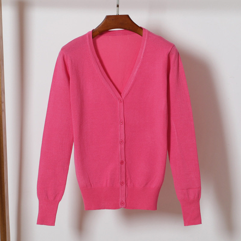 现货跨境货源女装V领春秋针织开衫女款纯色长袖v领外搭薄毛衣大码