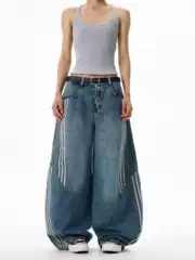 American Style Retro Striped Jeans cleanfit Wide Leg Machete Pants Men and Women Loose Design Sense Casual Trendy Pants