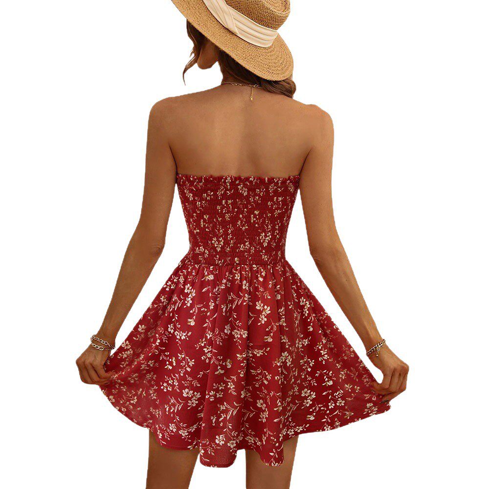 Floral Print Strapless Dress Slimming Waist Design Playful Style Summer Fashion Wholesale Available