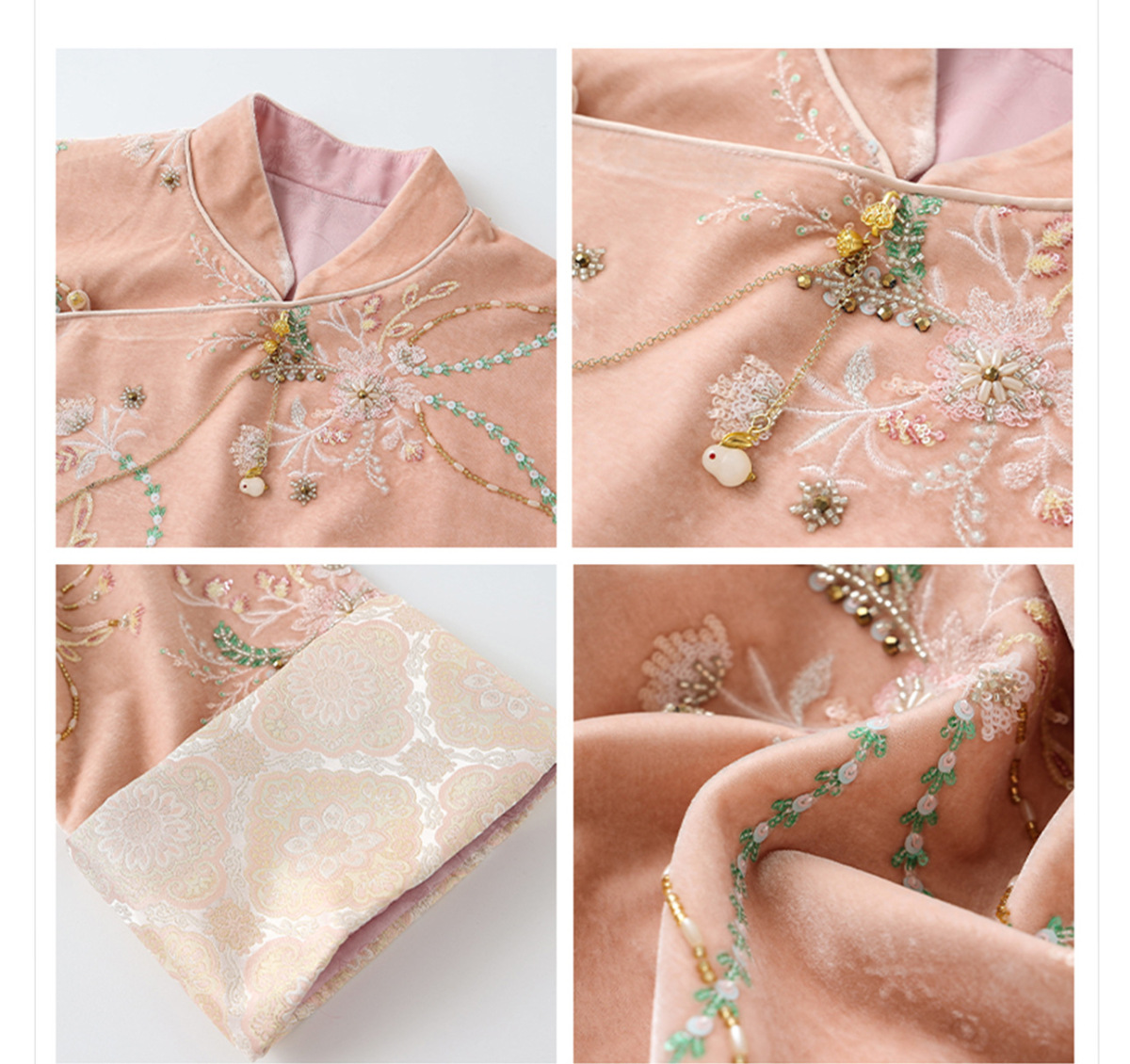 Áo khoác nữ dáng thường thêu hoa đính sequin chất liệu satin — màu hồng