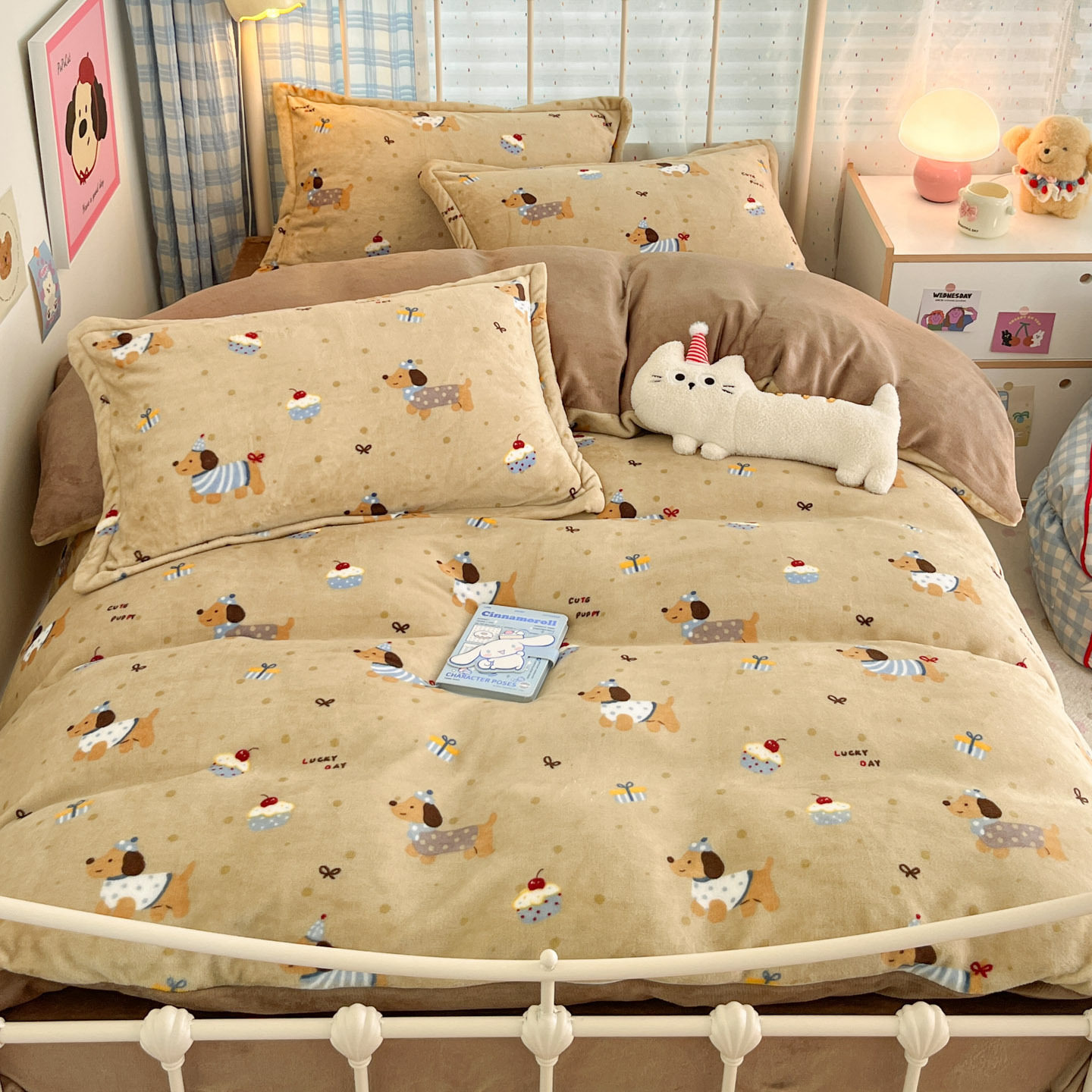 Cartoon Milk Velvet Four-Piece Winter Thickeneded Flannel Quilt Cover Bed Sheetss Student Dormitory Three-Piece Fleece-Lined Bedding Set