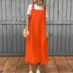 2025 Summer Export New European and American Amazon Women's Fashion Adjustable Shoulder Strap Casual Cotton and Linen Long Skirt