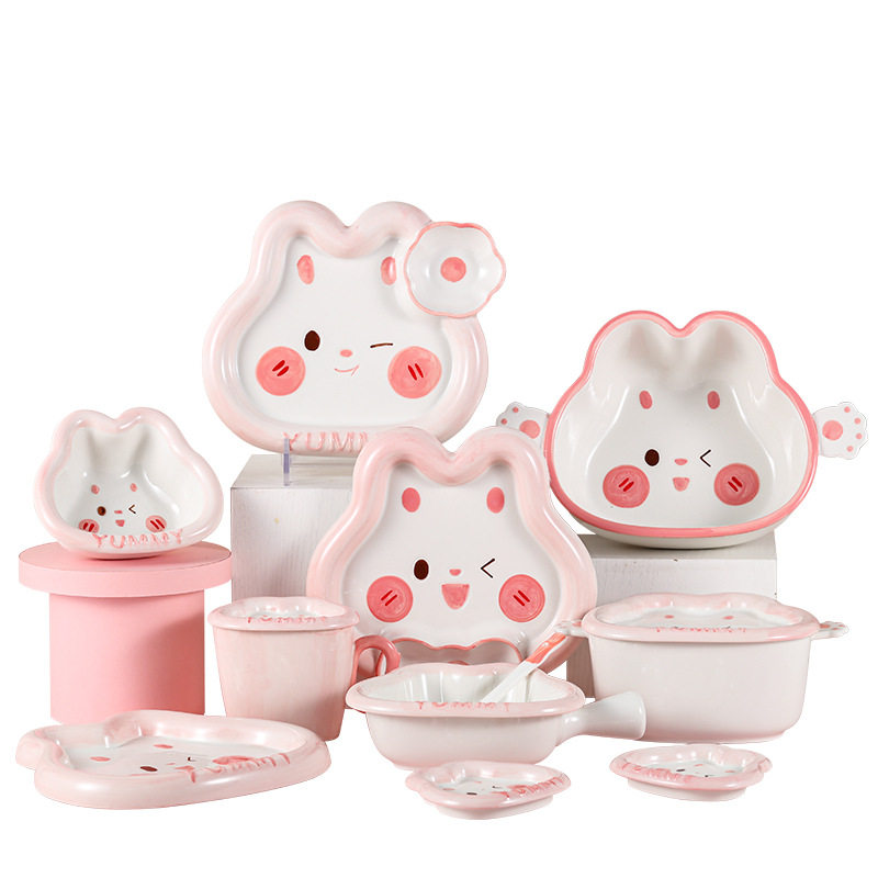 Ceramic Children's Tableware Set Cute Yami Rabbit Rice Bowl Handle Bowl Dumpling Plate Underglaze Color Bowl Plate Hand-painted