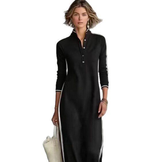 2026跨境外贸速卖通新款女士阿拉伯风格简约纽扣领长袖长款连衣裙