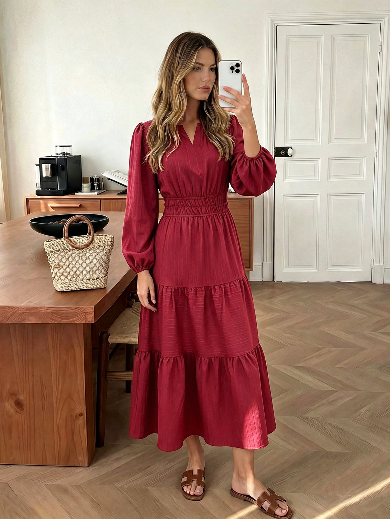 Vintage Burgundy V Neck Dress Slim Fit Puff Sleeves Long Length Perfect for Parties and Special Occasions Wholesale