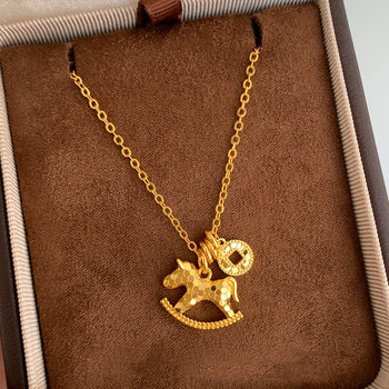 Get Rich Immediately Crushed Ice Coin Pony Pendant Necklace Women's Accessible Luxury High-End Sweater Chain Autumn and Winter Accessories Necklace