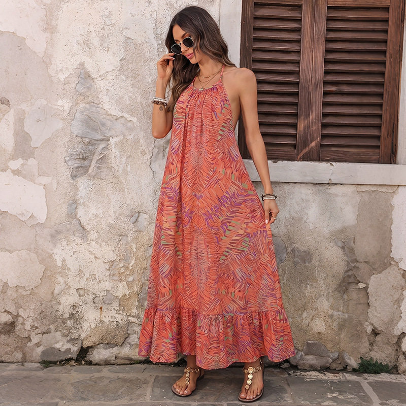 Bohemian Floral Print Backless Maxi Dress Relaxed Fit Halter Neck Lightweight Fabric Perfect for Vacations