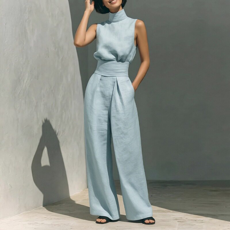 Womens Spring Outfit Set Elegant Solid Color High Neck Sleeveless Straight Leg Pants Perfect for Casual or