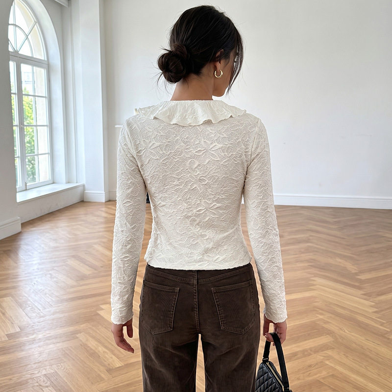 Long Sleeve V Neck T Shirt Solid Color Ruffle Hem Korean Style Casual Wear for Women OEM Available