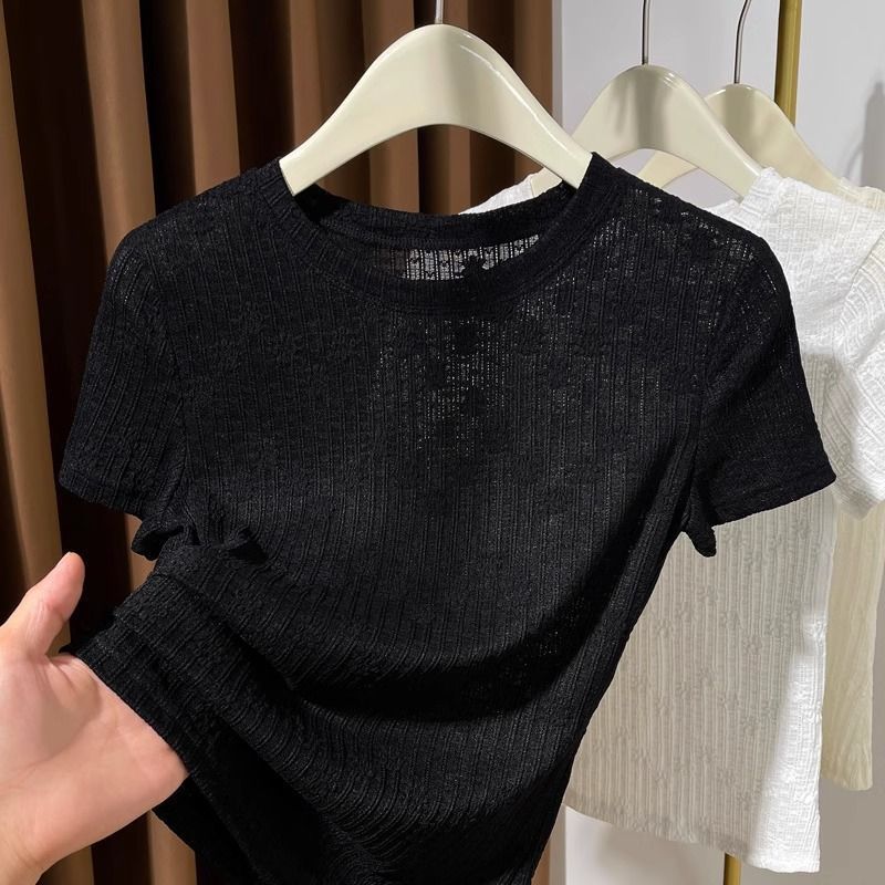 Lace Short Sleeve Womens T Shirt Lightweight Round Neck Sheer Fabric Stylish Summer Layering Top Wholesale