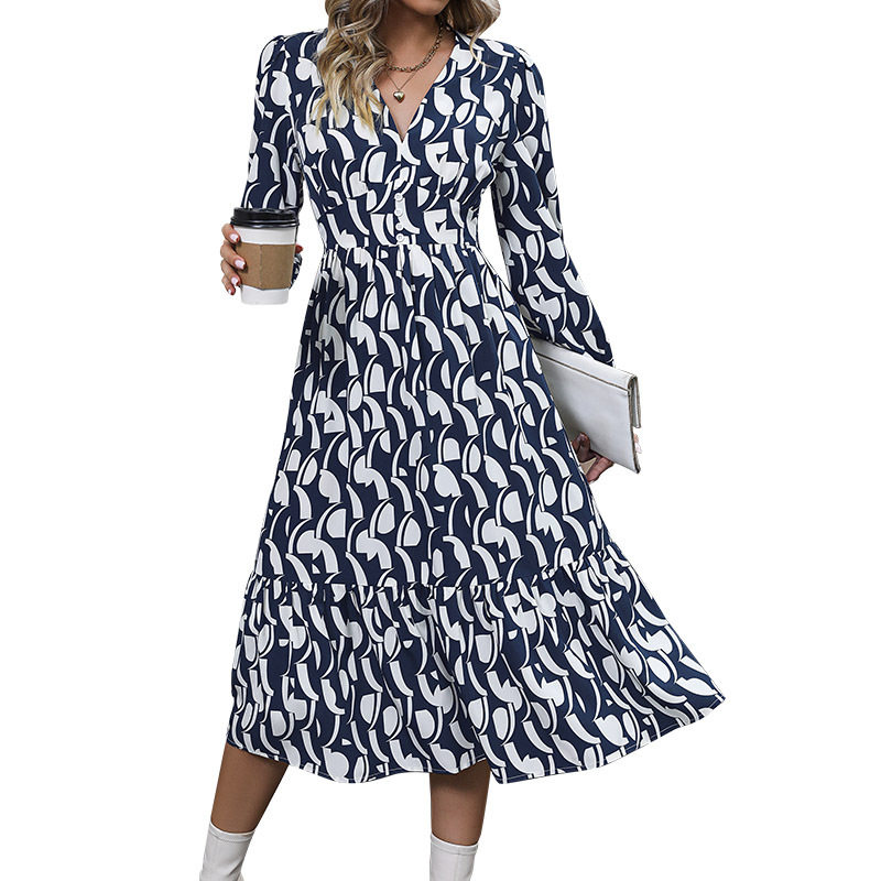 Womens Autumn Dress V Neck Irregular Hem Floral Print Casual Wear for Fall Wholesale Available