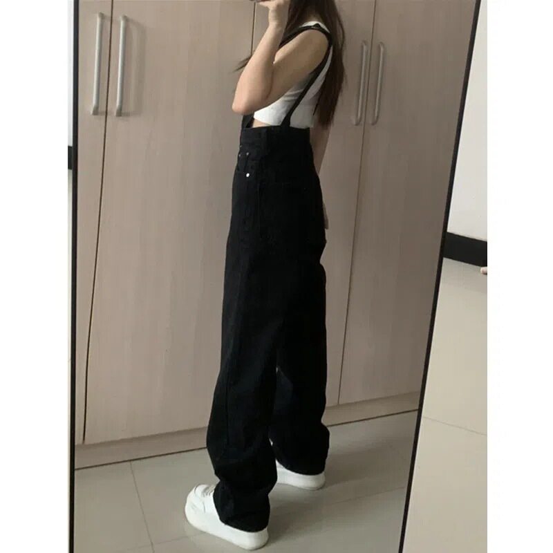 Vintage Black Denim Overalls for Women High Waist Loose Fit Straight Leg Casual Spring Fall Style Wholesale