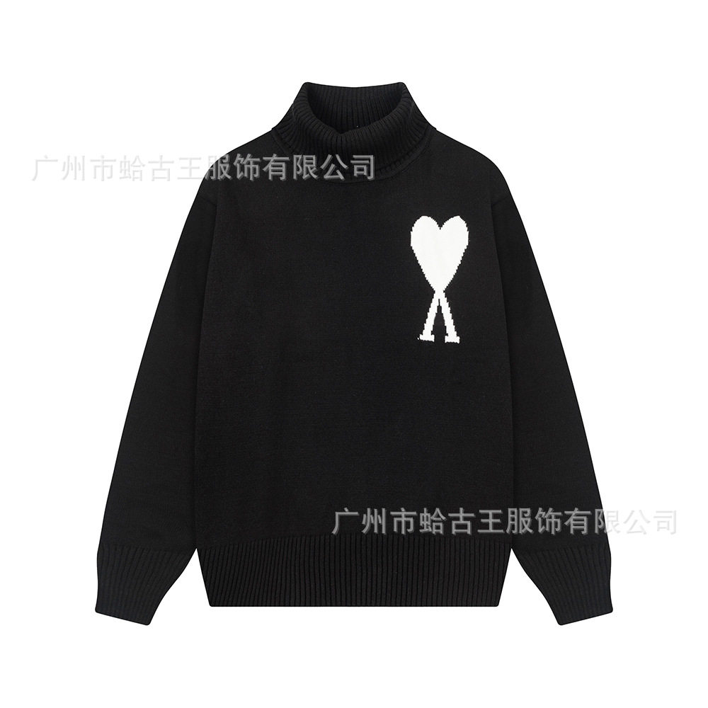 秋冬新款高领爱心毛衣男女条纹青年桃心跨境外贸休闲套头针织衫