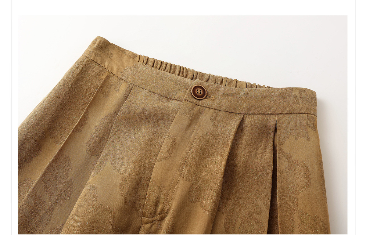 Quần dài ống rộng nữ họa tiết jacquard lụa tơ nhân tạo — Màu trắng nhạt, màu vàng