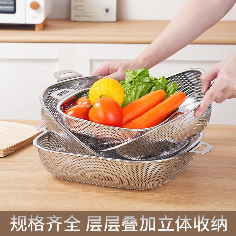 Stainless Steel Draining Basket for Home Kitchen Use, Multifunctional Vegetable and Fruit Strainer Basin with Double Handles for Washing Rice and Fruits