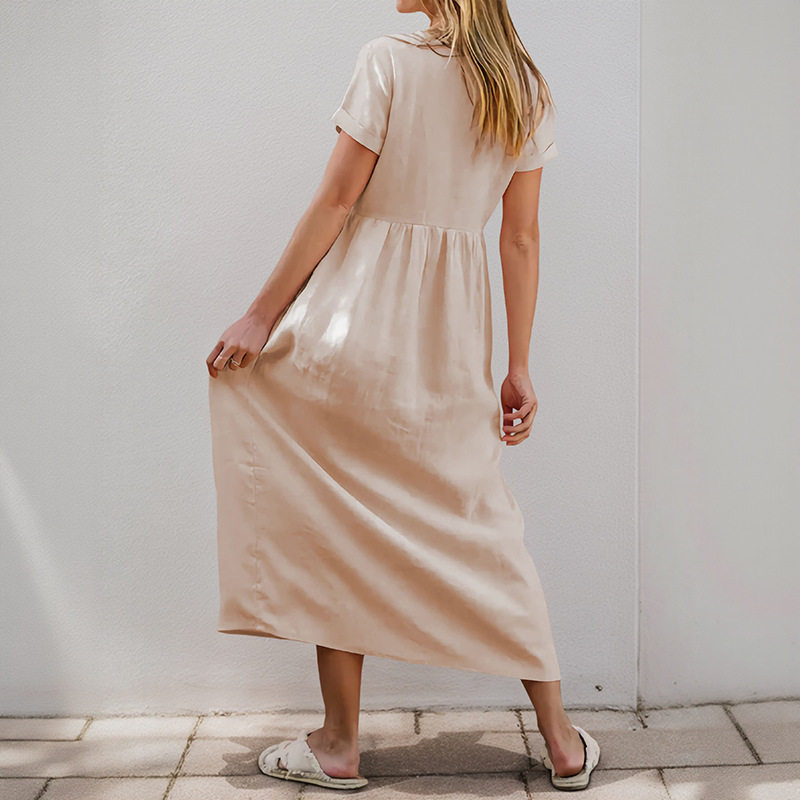 Casual Loose Button V Neck Solid Color Dress New Arrival European and American Style Perfect for Everyday Wear