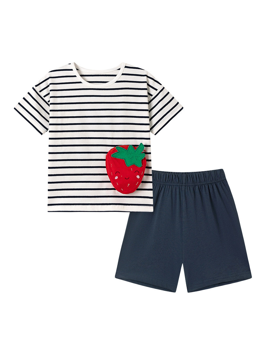 Set Anak Perempuan Lengan Pendek Musim Panas, Setelan Dua Pcs Bayi Bergaris Lucu, Setelan Anak