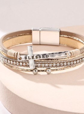 波西米亚风十字架手链轻奢微镶钻磁扣手镯PU皮革手链小众设计手环