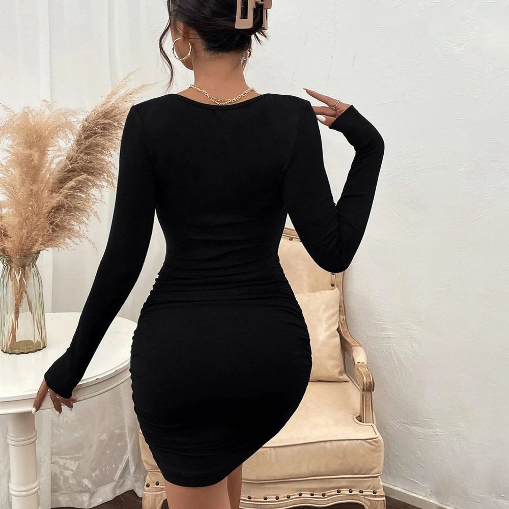Slim Fit Color Block Lace Trim Knitted Long Sleeve Dress Womens Autumn Winter Collection Elegant Evening Wear