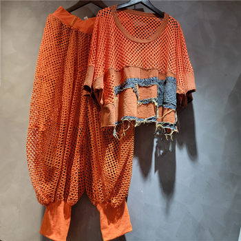 Trendy and Cool Stylish Suit for Women, Summer Mesh Splicing Short-Sleeved T-Shirt, Small Feet Bloomers, Loose Large Size Two-Piece Set