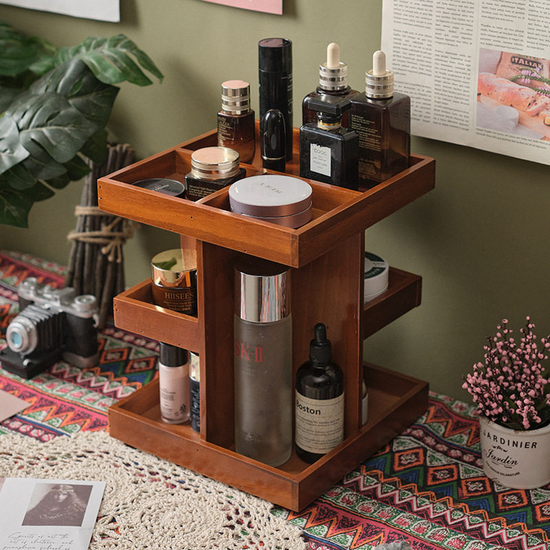 Cosmetics Storage Box 360-Degree Rotating Dressing Table Layered Organizer Desktop Lipstick Wooden Skin Care Product Storage Rack