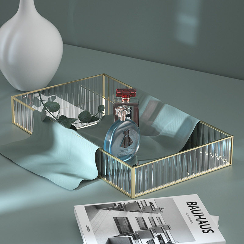 Changhong Stripe Glass Storage Tray Dressing Table Cosmetics Storage Box Desktop Organizer Metal Frame Mirror Tray