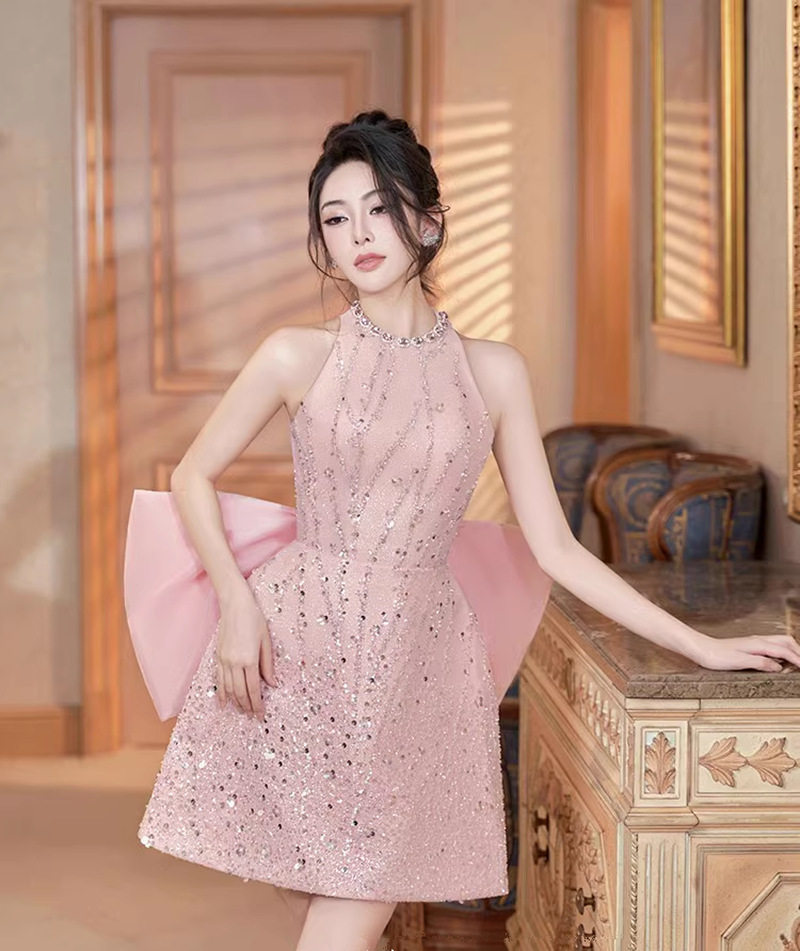 Váy chữ A midi nữ tay không cổ tròn, eo cao, phong cách thanh lịch — Hồng chi tiết 2
