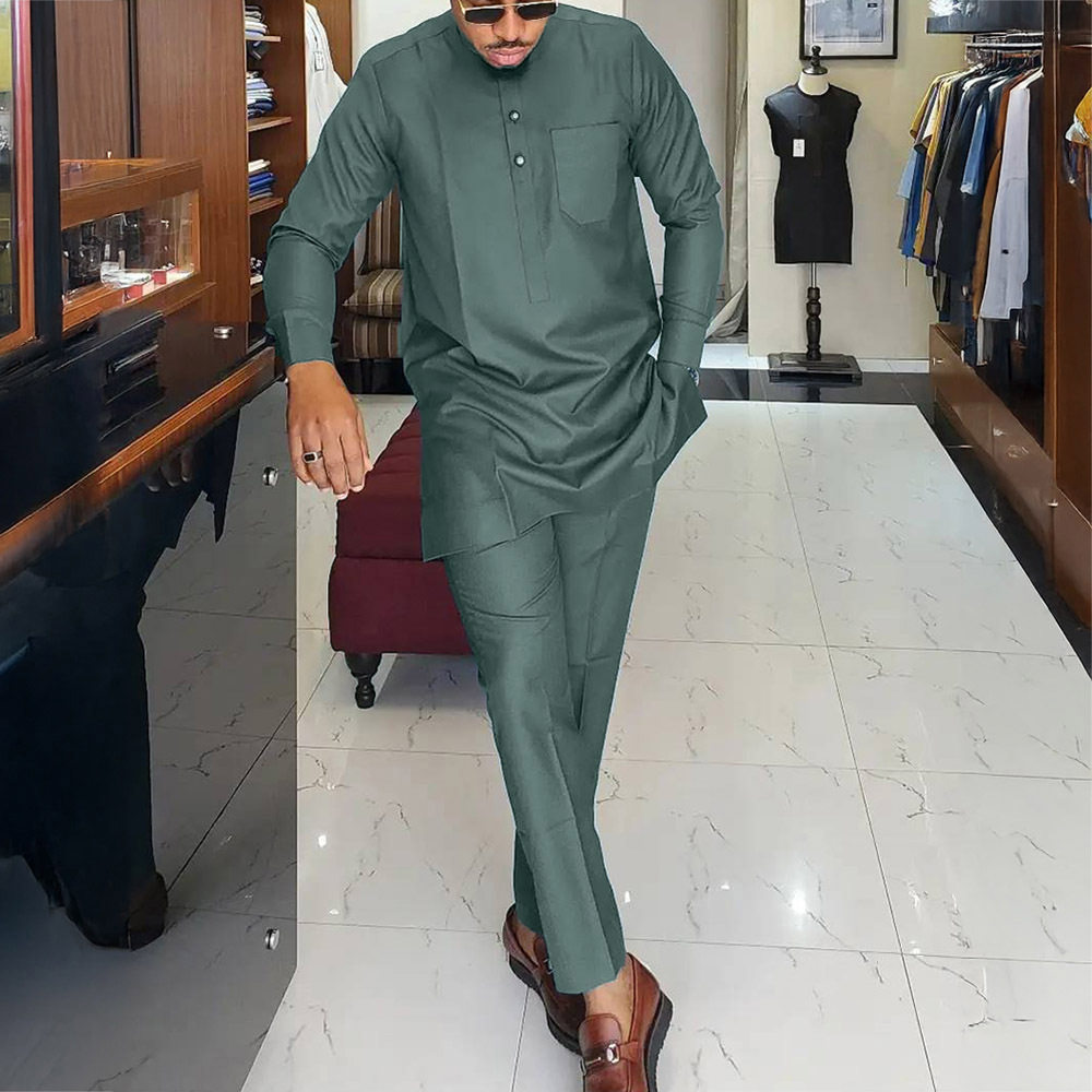 传统外贸非洲风格男士结婚新西装2件套圆领长袖上衣加裤子外贸