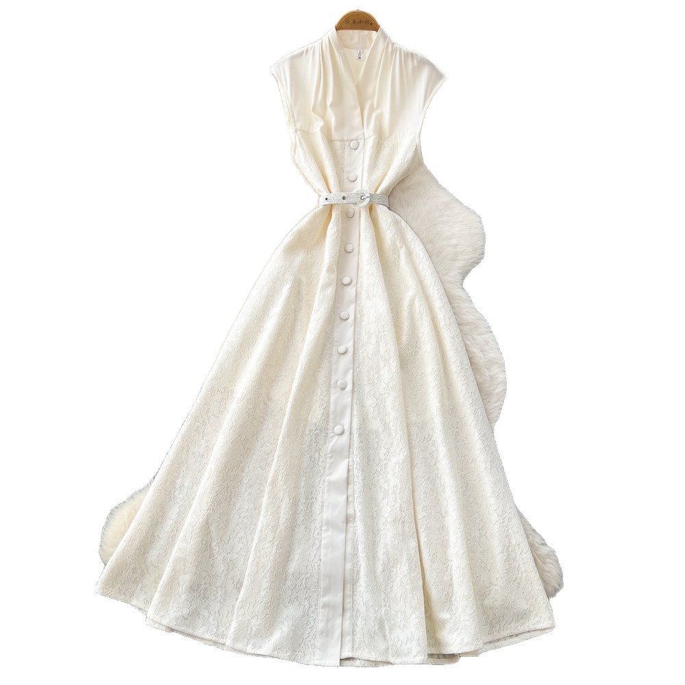 Sleeveless French Elegant Dress Button Closure Waist Defining Slim Fit Long Length Summer Office Wear for Women
