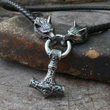 Cross-border North America Viking Leather Necklace Raytheon Hammer Celtic Wolf Head Necklace Men's Jewelry Manufacturers Cross-border Wholesale