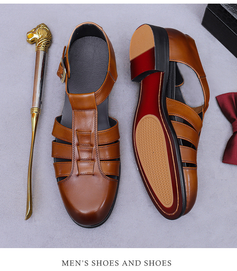 Dép sandal nam bít mũi da bò cổ điển khóa cài thoáng khí — Màu nâu, Màu đen