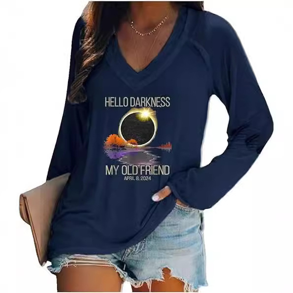 外贸跨境夏季女装简约休闲v领长袖T恤印花T恤女 独立站厂家货源