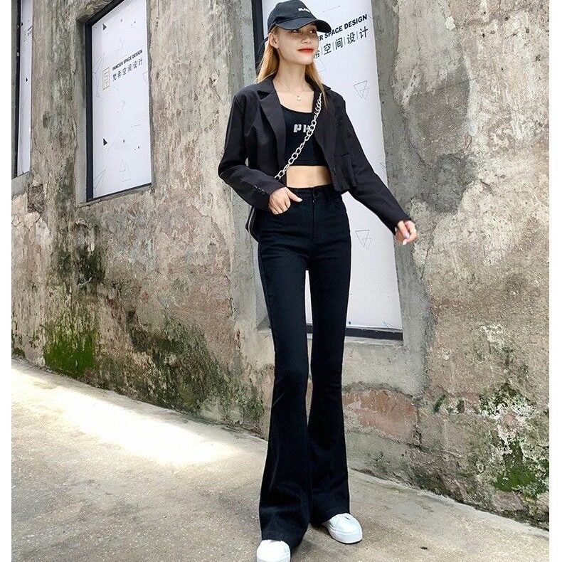 High Waisted Black Flare Jeans for Women Slim Fit Stretch Fabric Korean Style Spring Fashion Wholesale Available