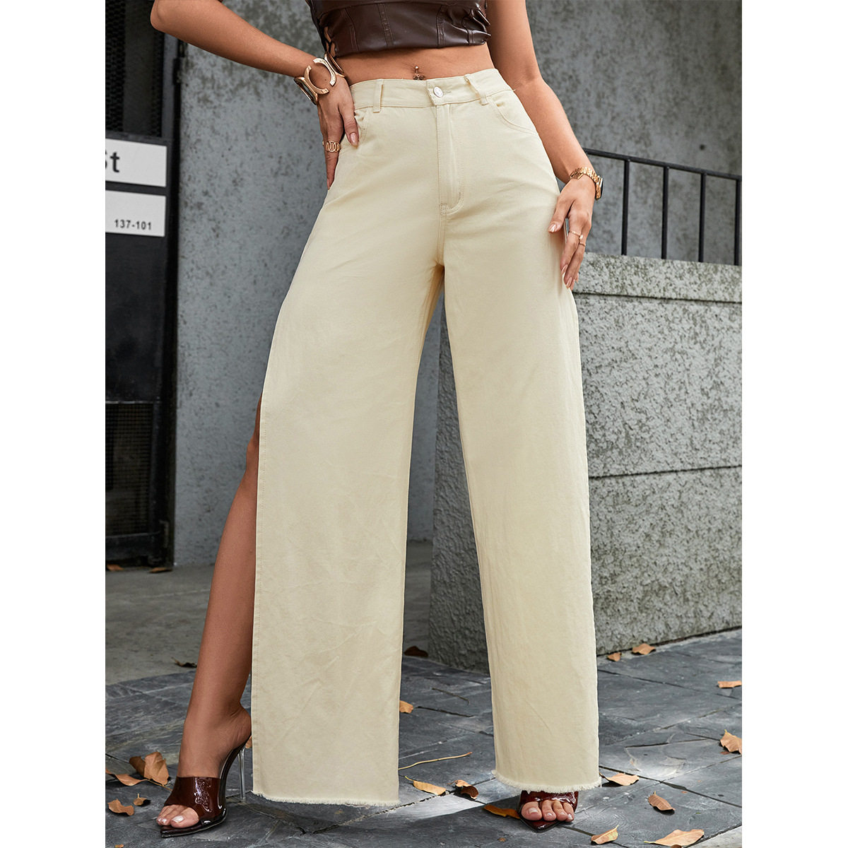 High Waisted Wide Leg Jeans Sexy Split Design Trendy Style Slim Fit Casual Wear for Women Wholesale Available