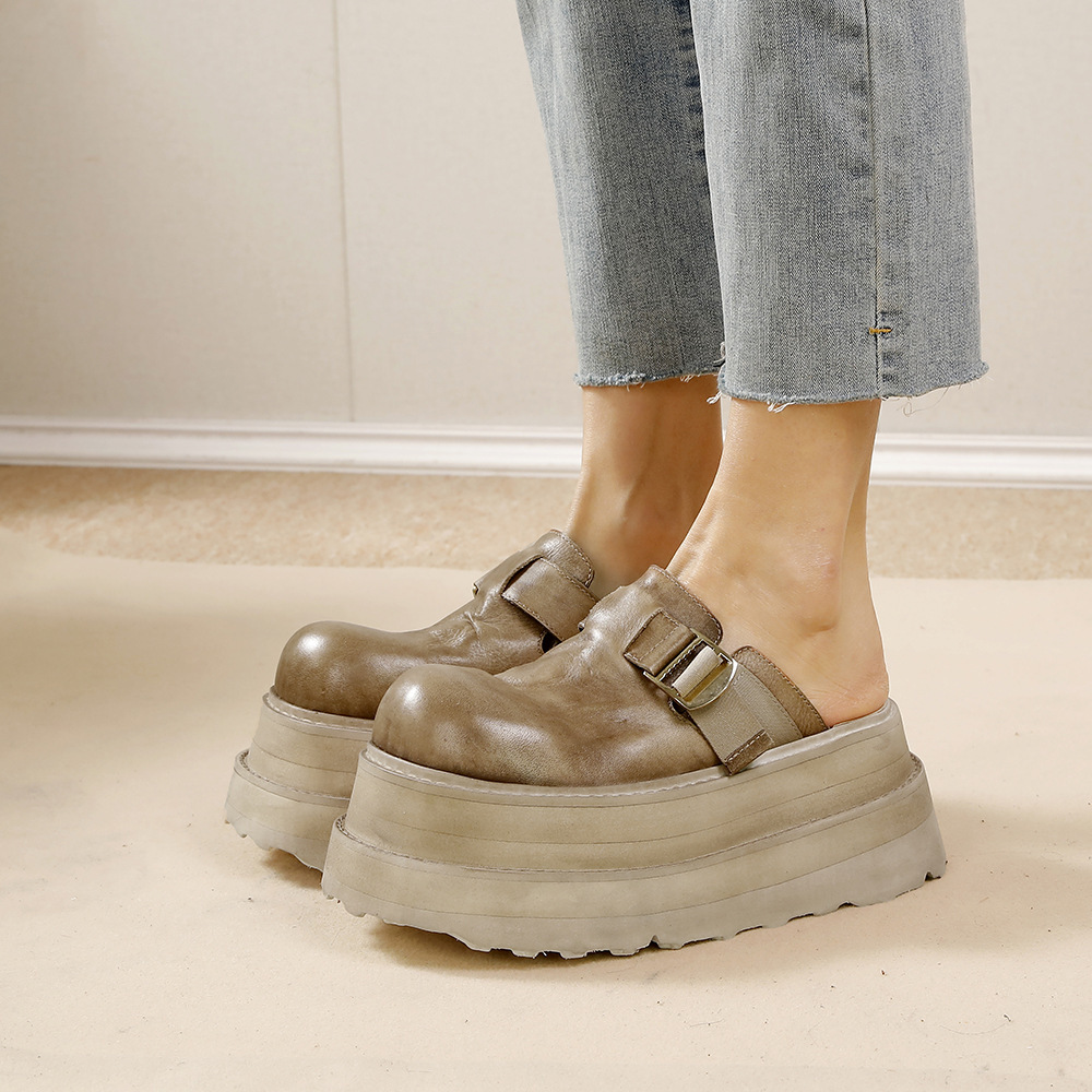 Dép sandal nữ bít mũi da bò đế dày êm chân — Màu đen, Màu đỏ, Màu kaki